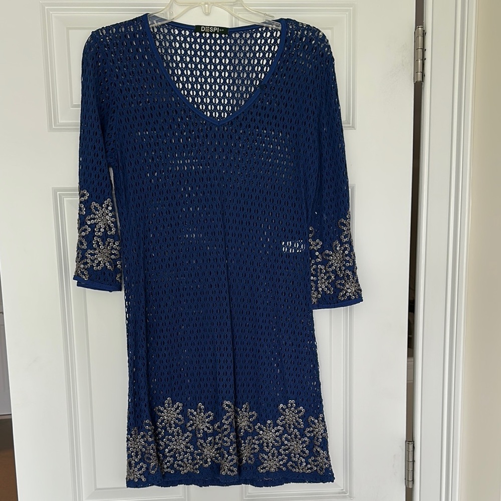 Blue Crochet Dress with Silver Embroidery